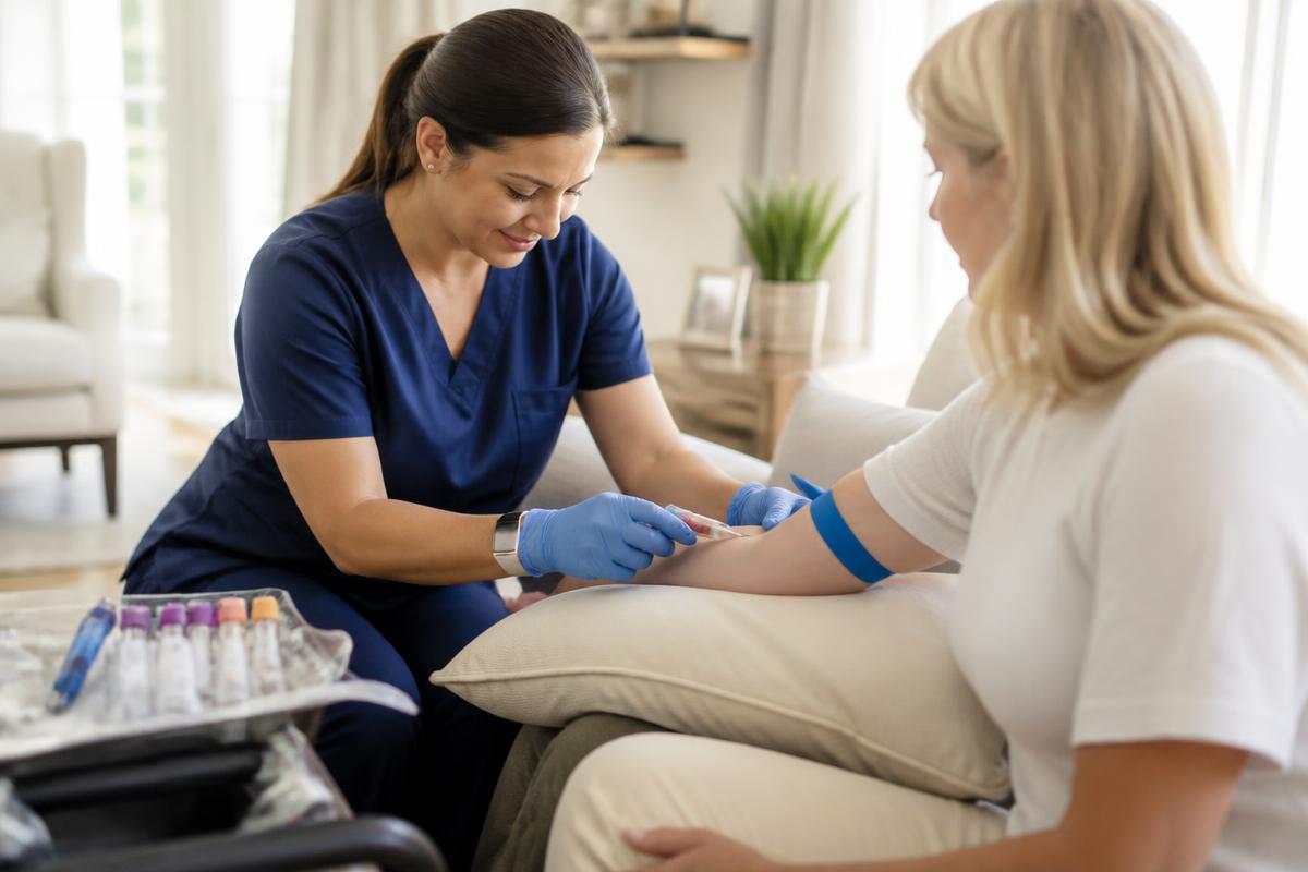 A certified phlebotomist collecting a blood sample at a patient's home