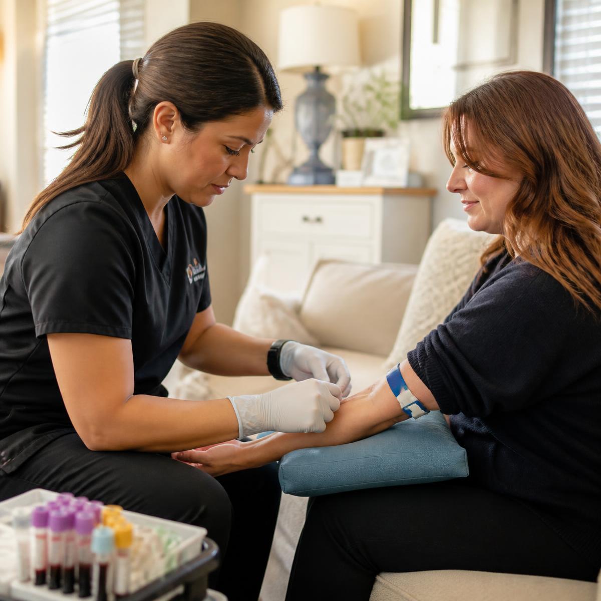 A phlebotomist preparing a patient for an at-home blood draw in a living room