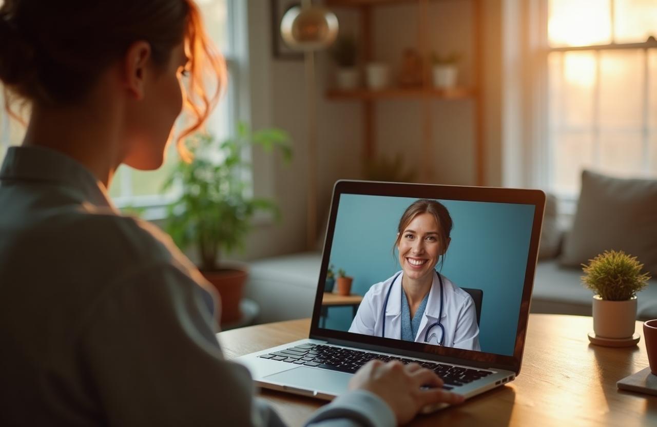 A woman reviewing health information on a tablet during virtual hormone and metabolic care from home